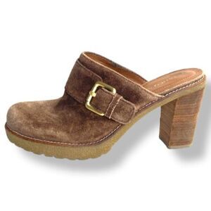 Franco Sarto Brown Suede Gold Buckle Boho Bohemian Heeled Mules Clogs Size 9.5